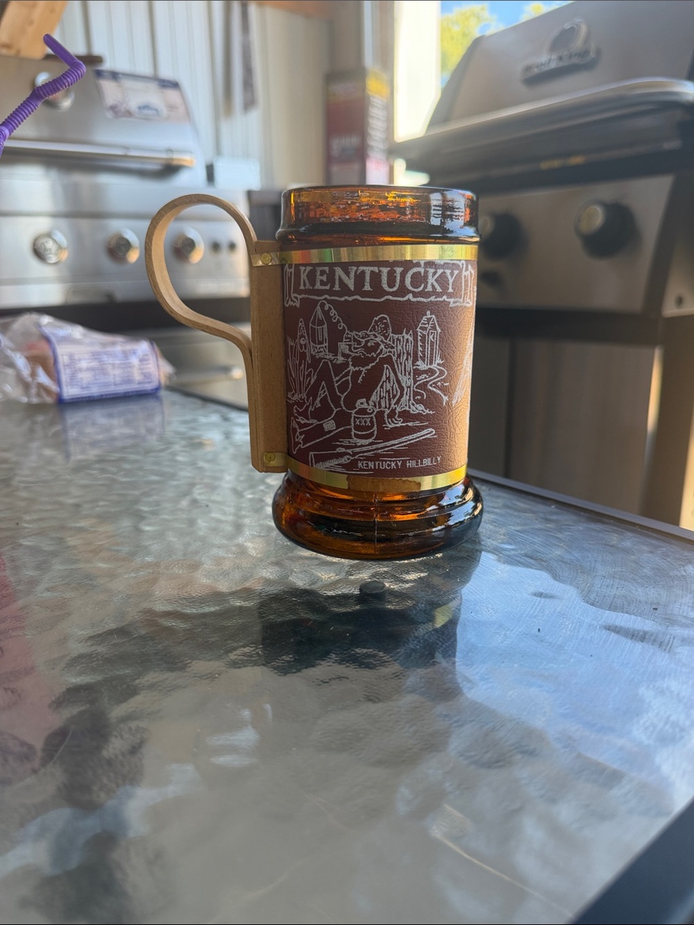 Kentucky Amber Glass Stein Mug with Brown Leatherette Wrap